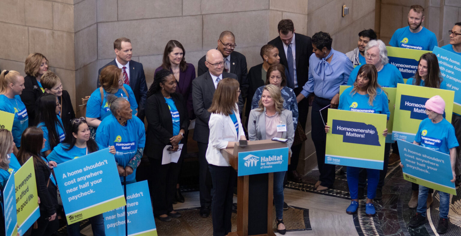 Amanda Brewer, chief executive of Habitat for Humanity of Omaha introduces Habitat homeowner Autumn Austin during a “Homeownership Matters” rally at the State Capitol Thursday.<br />(Courtesy of Habitat for Humanity)