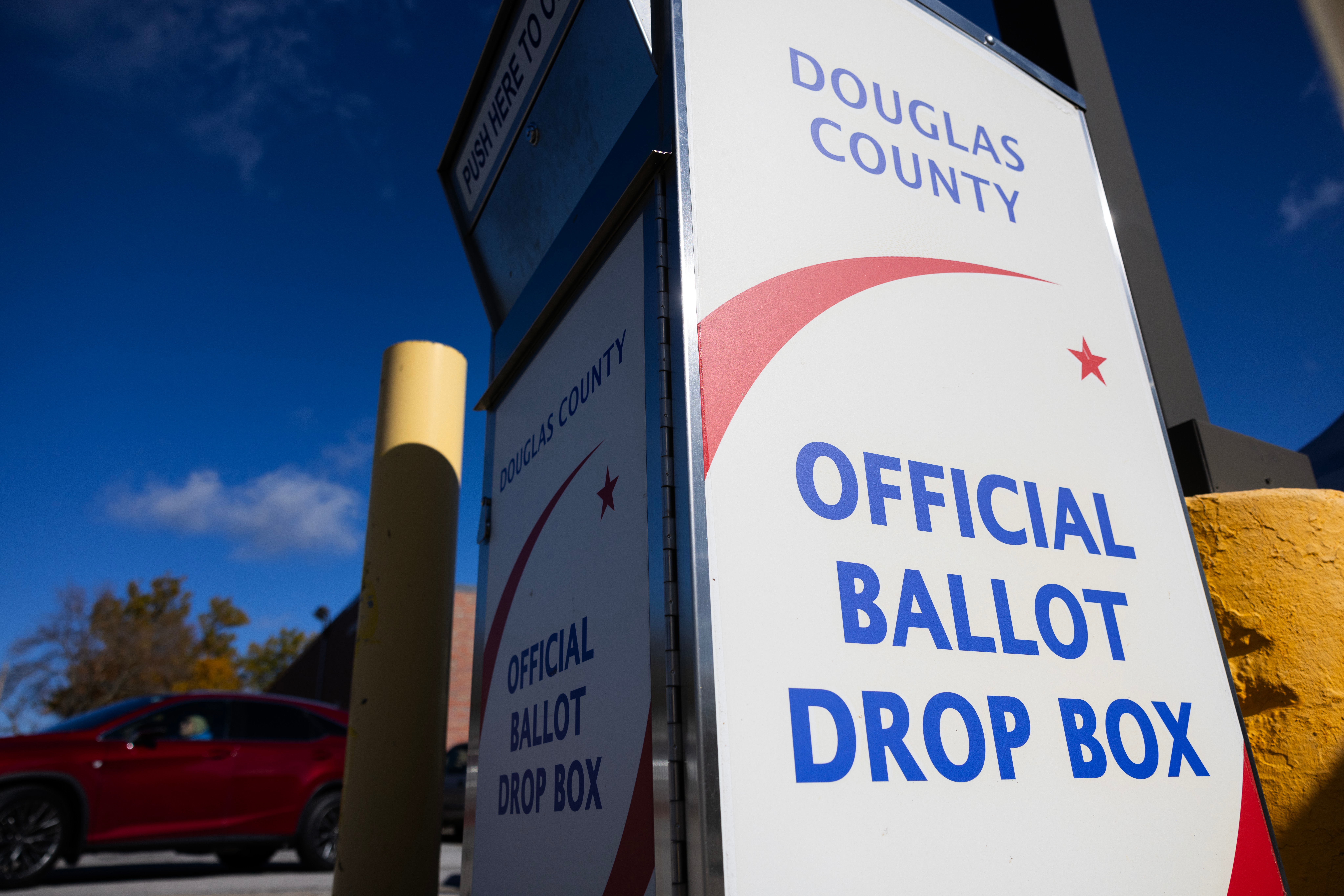 Ballot drop boxes, like this one photographed outside the Douglas County Election Commission in October 2024, see much more traffic during regular presidential and midterm elections compared to off-cycle city elections.<br />(Rebecca S. Gratz / Flatwater Free Press)
