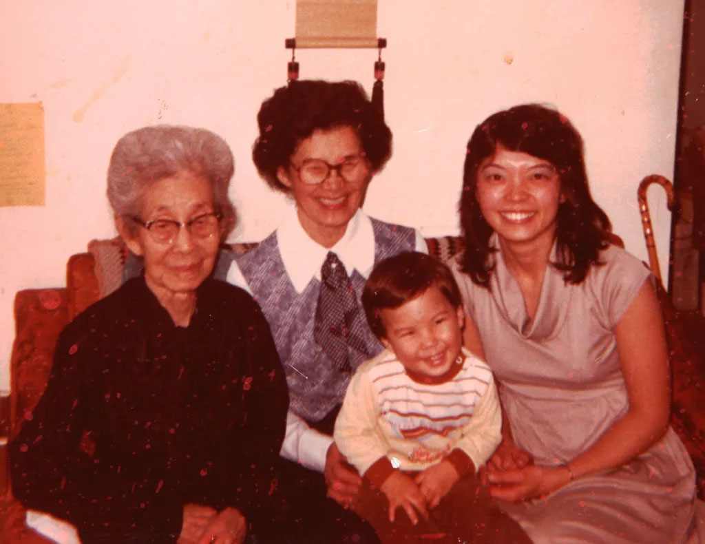 This four-generation photo of Sharon Bartlett’s maternal family was taken in February 1981. She’s at right with her son Morton. Her mother Annie Takamatsu Hagihara (center) and grandmother Takino Takamatsu, were incarcerated at Colorado’s Amache Relocation Center during World War II.<br />(Photo courtesy of Sharon Bartlett)