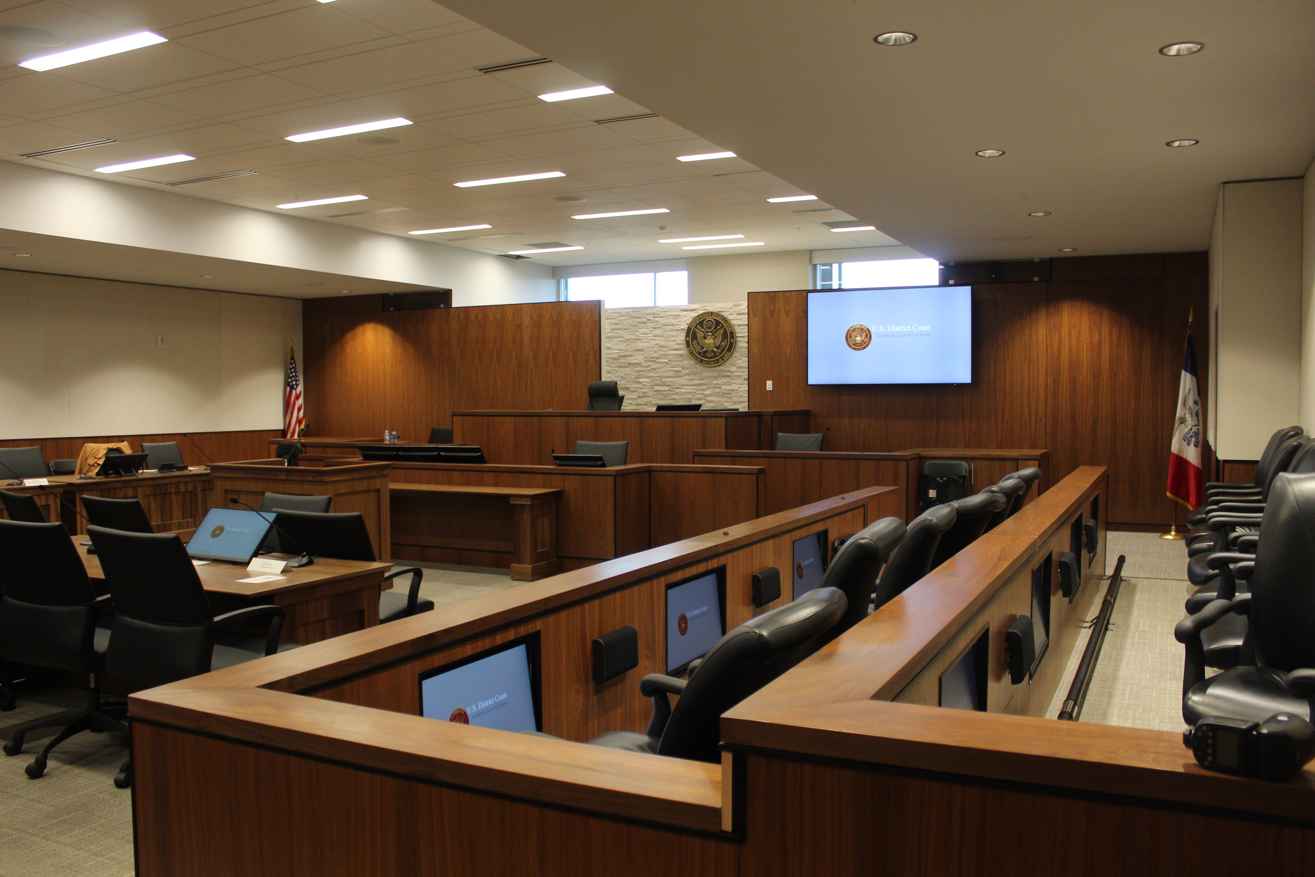 A courtroom is shown at the new Council Bluffs federal courthouse. (David Golbitz/Daily Record)