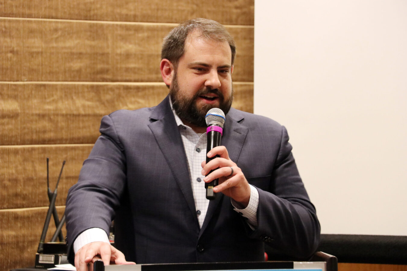 Sen. Eliot Bostar of Lincoln at a Habitat for Humanity event Wednesday night, where he received an award for his work on a law that Habitat expects will help preserve affordable homeownership opportunities for low-income Nebraskans.<br />(Courtesy of Habitat for Humanity)