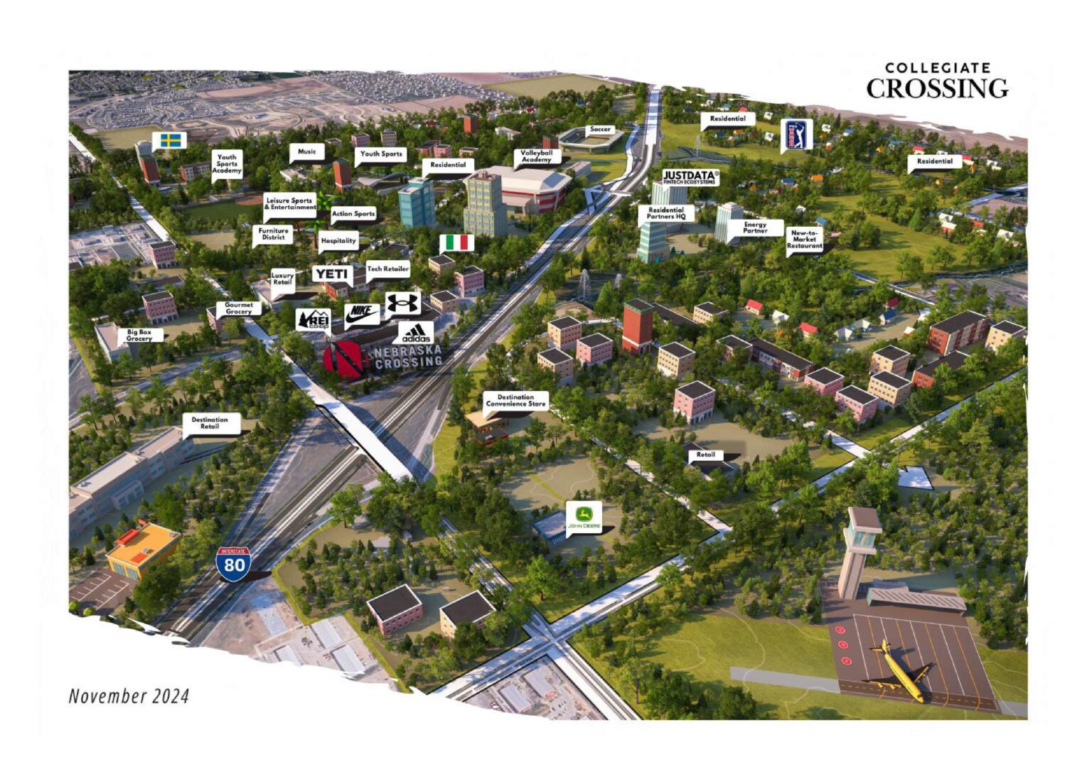 Vision of “Collegiate Crossing,” the name that Rod Yates has for the Good Life District surrounding the Nebraska Crossing outlets at Interstate 80 and Highway 31. Yates said he’s in negotiations with several new-to-market potential tenants.<br />(Courtesy of Rod Yates)