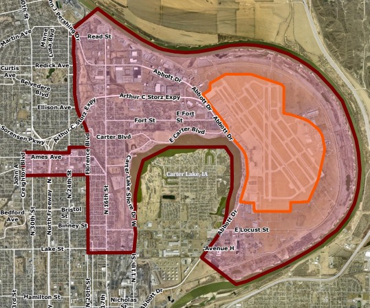 Omaha Inland Port Authority boundaries shown in red. Orange is Eppley Airfield.<br />(Courtesy of City of Omaha)