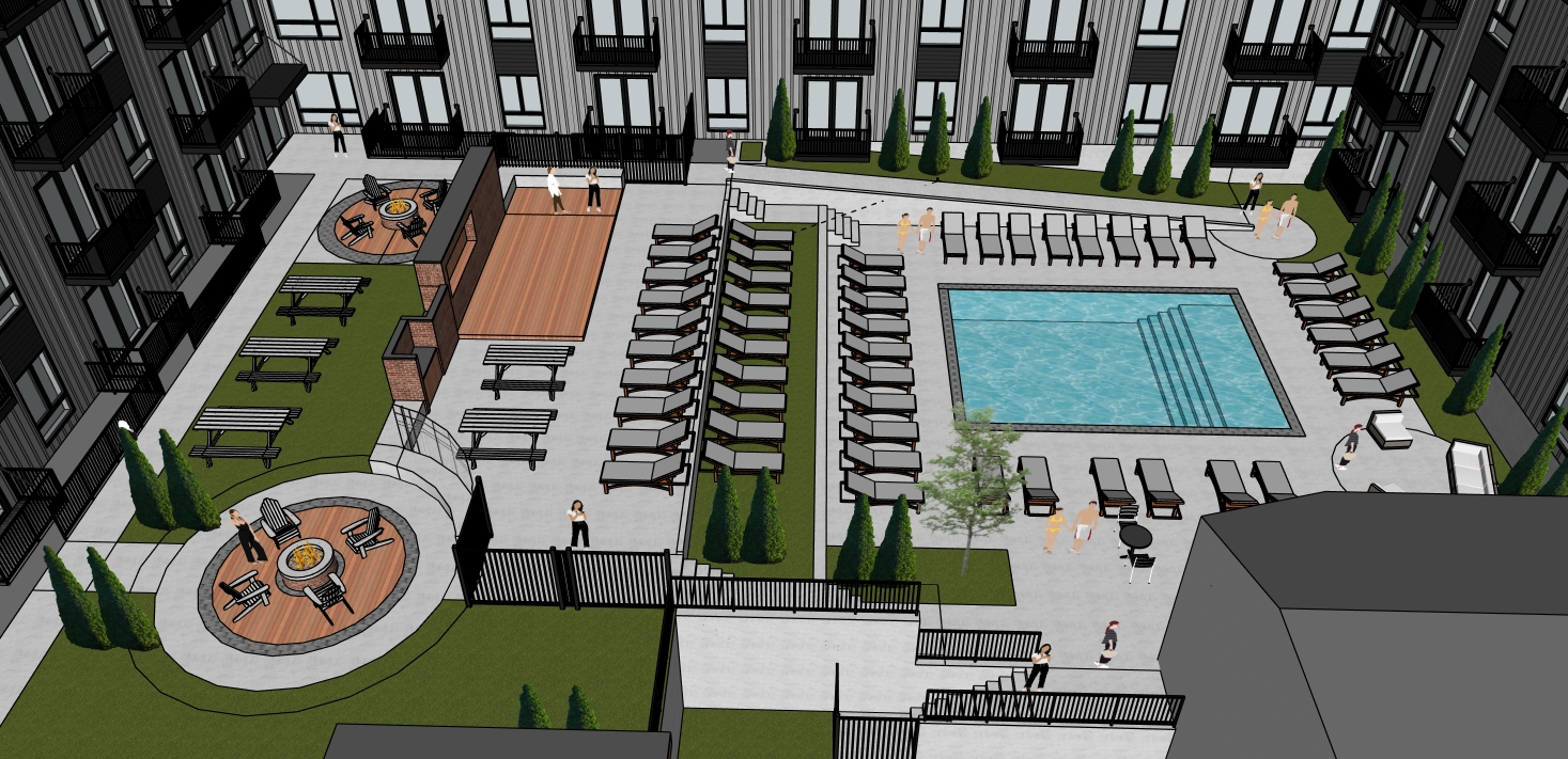 Rendering of a courtyard of the Oxworth apartments.<br /> (Courtesy of Shive-Hattery Architecture and Engineering)