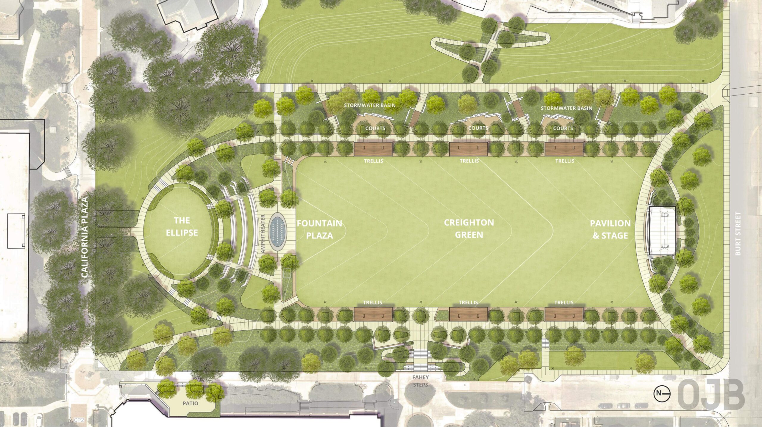 Overhead layout of “quadrangle,” nearly six acres of gathering space in downtown Omaha at Creighton campus.<br />(Courtesy of OJB)