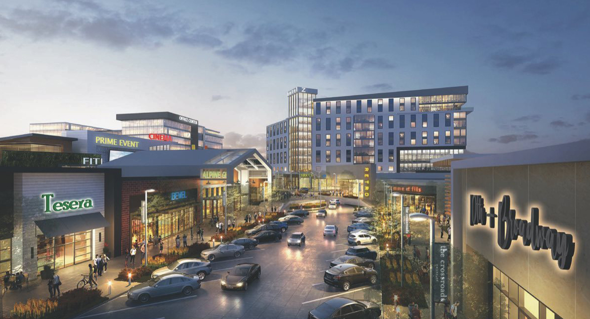 A redevelopment of the Crossroads Mall imagines the area as a mixed-use district featuring a hotel, retail and restaurants, as shown in this concept art by project partners Lockwood Development and Century Development shared at a city news conference last week. (City of Omaha)