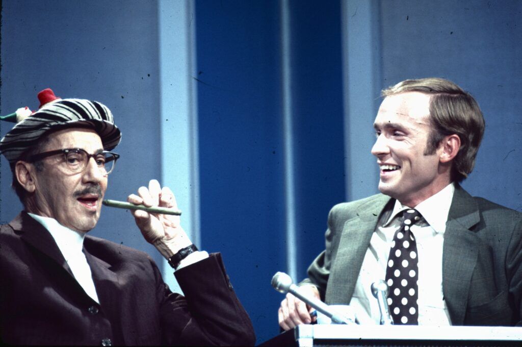 Groucho Marx on the Dick Cavett show on June 13, 1969. Marx was among a wide range of eclectic personalities to appear on Cavett’s show over the years.<br />(Courtesy of Daphne Productions)