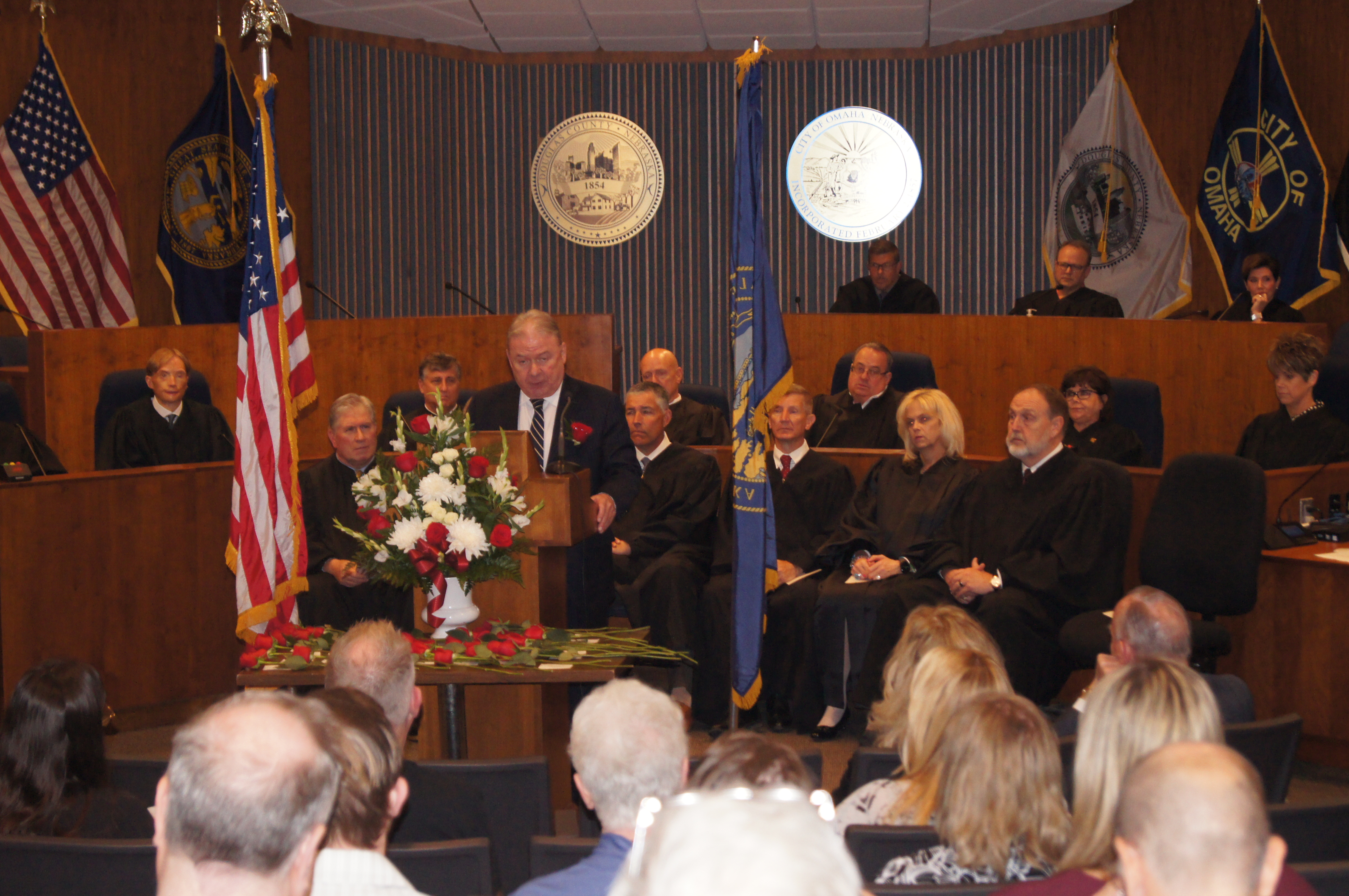 Tom Riley remembers his colleagues in his remarks at the OBA Memorial Service, an annual tradition.  Held in the Legislative Chambers of the Douglas County Courtroom, judges and a near full house take a moment to reflect, as committee members name each attorney who died during the last year.<br />(Don Rashid / The Daily Record)
