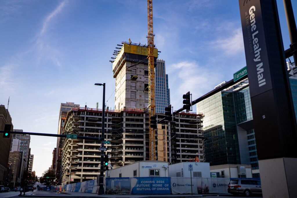 Construction of the new Mutual of Omaha headquarters continues in Omaha at the site of the former downtown library. The new skyscraper was announced as part of a massive downtown development deal in 2022 that included a proposed streetcar project.<br />(Abiola Kosoko / Flatwater Free Press)
