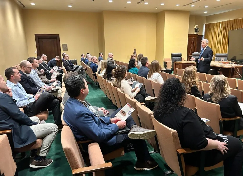 Nebraska Secretary of State speaks at a leadership training conducted by the Sarpy County Chamber of Commerce in March. Evnen has spent much of this year speaking to groups about election security and misinformation.<br />(Courtesy photo)