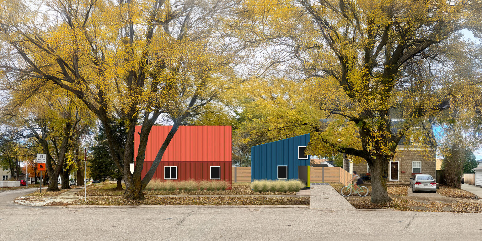 A rendering of Corby and Benson houses at 58th and Corby Streets in the Benson area of Omaha. The infill housing and small accessory dwelling concept, which was designed and led by Nebraska graduate-level students, addresses the growing need for workforce and aging-ready housing.<br />(Courtesy of UNL Fabrication And Construction Team, FACT)