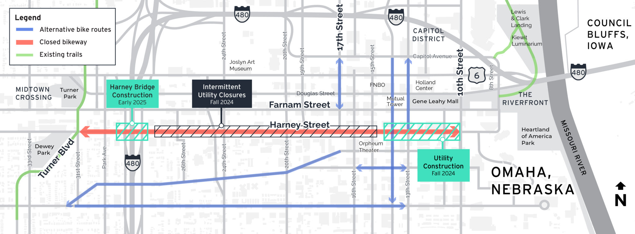 Map of the Harney Street bikeway removal plan and alternate routes.<br /> (Courtesy of HDR)