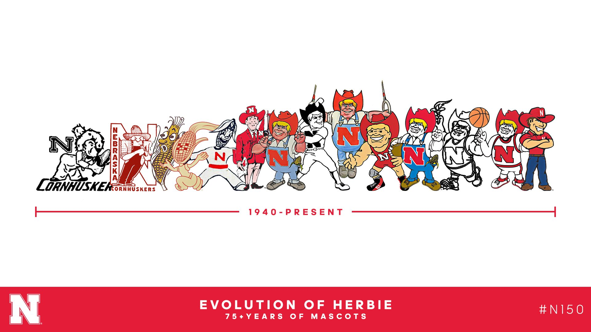 For the University of Nebraska-Lincoln’s 150th anniversary, the athletic department created a montage of Husker mascots over the years. It goes back as far as 1940 with some farmer images, corn mascots, “Harry Husker” or “Red Man” and different versions of Herbie Husker. 					          (Husker Athletics via Flatwater Free Press)