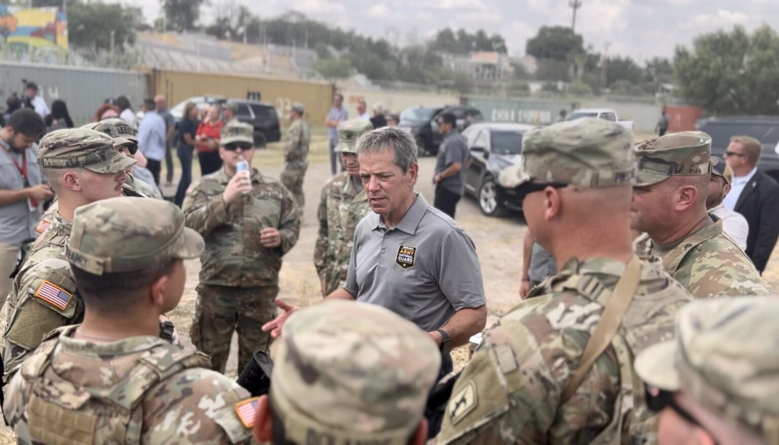 Nebraska Gov. Jim Pillen meets with troops at the southern border in Texas.<br />(Courtesy of the Governor’s Office)