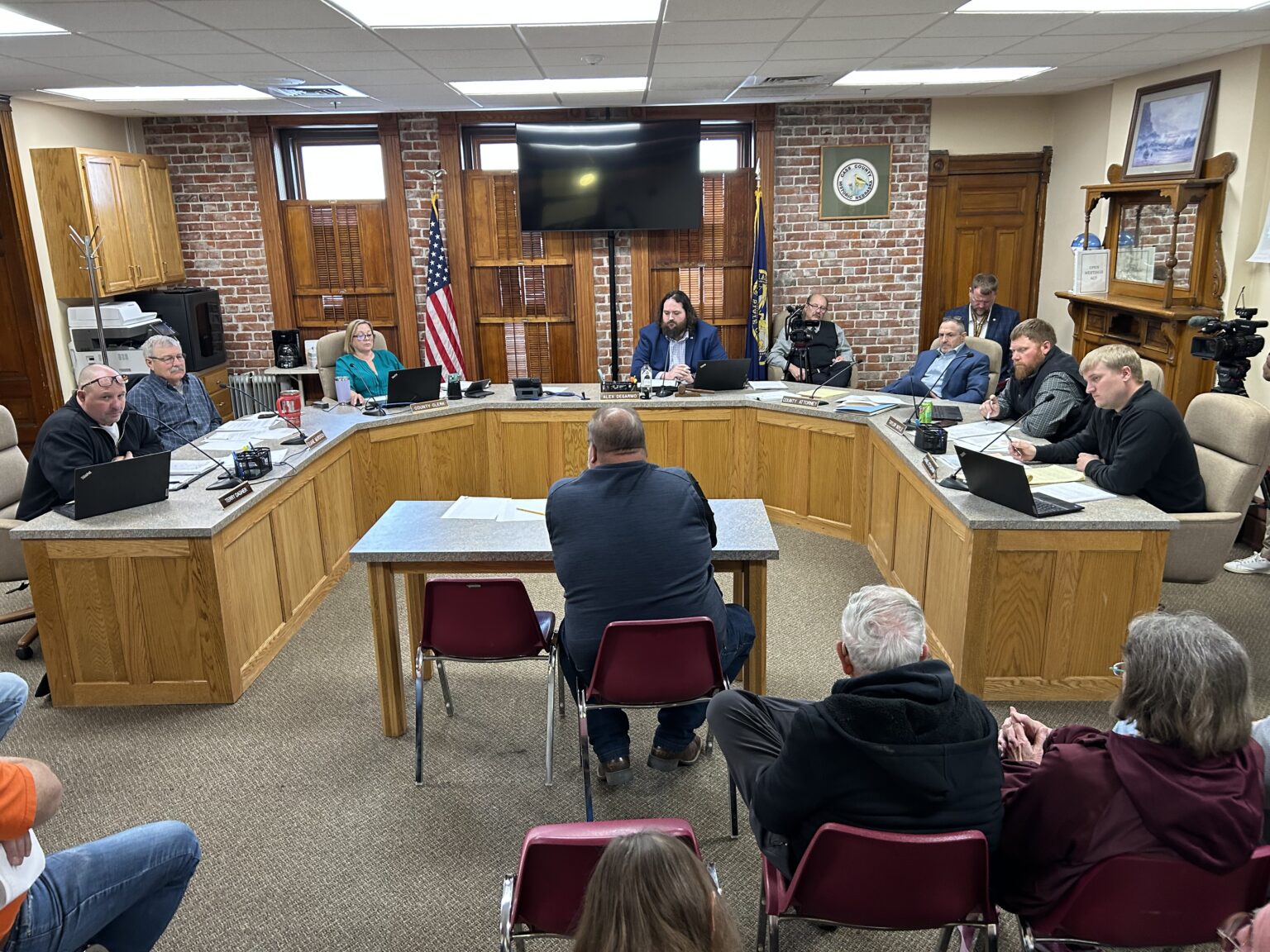 Mike Sousek, general manager of the Lower Platte South Natural Resources District, addresses the Cass County Board prior to its vote Tuesday, March 25, 2025, to rescind approval of a recreational trail route across the county.<br />(Paul Hammel / Nebraska Examiner)