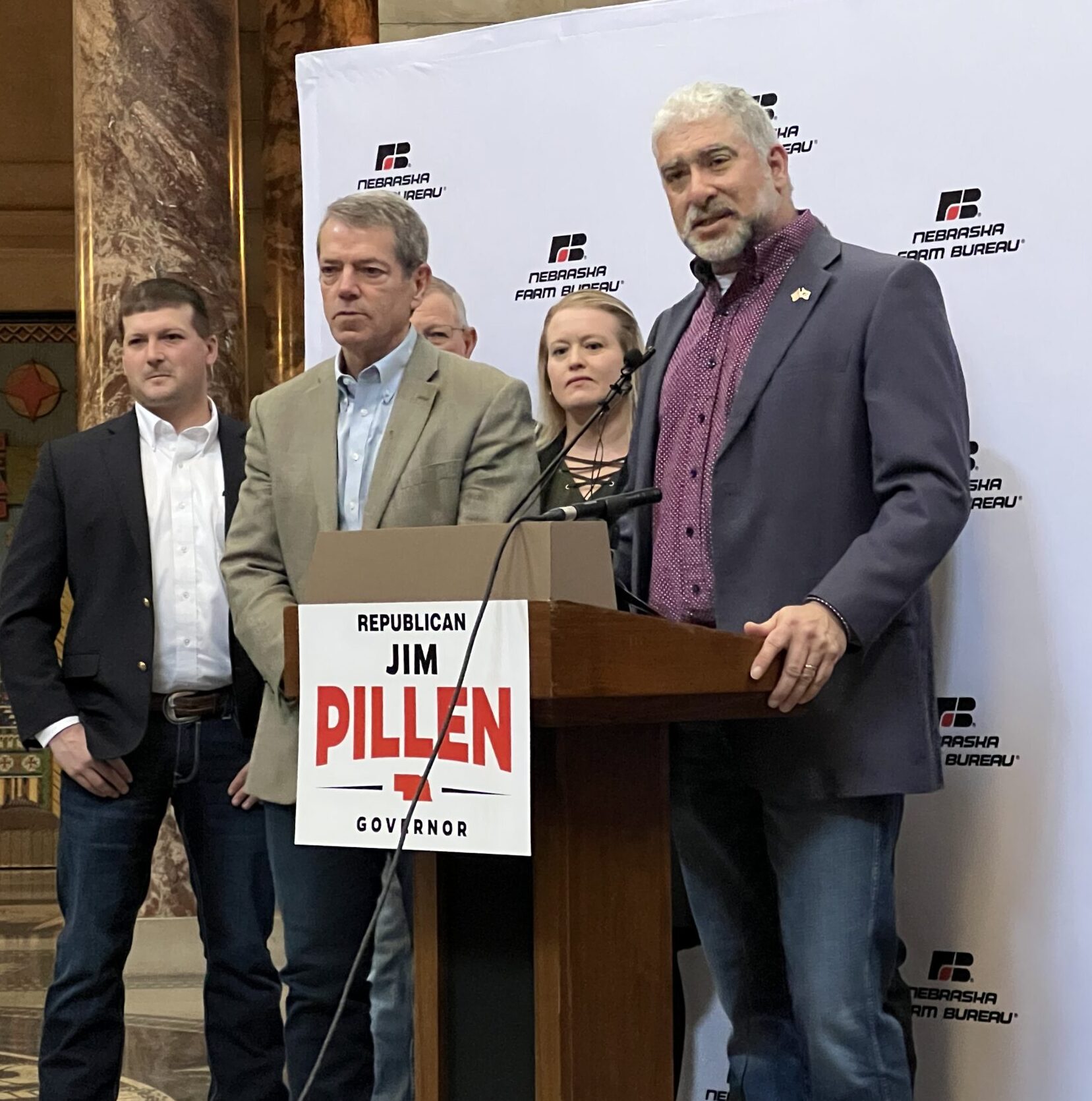 Farm Bureau President Mark McHargue (right) announces the group’s endorsement of then-University of Nebraska Regent Jim Pillen’s 2022 campaign for governor.<br />(Aaron Sanderford / Nebraska Examiner)