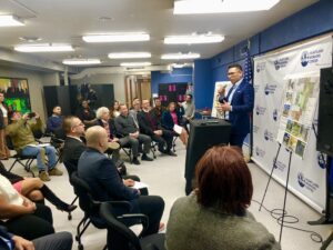 State Sen. Tony Vargas speaks at a meeting at South Omaha’s Heartland Workers Center to talk about the Plaza de la Raza and the status of state funds earmarked for South and North Omaha. Vargas says he will ‘fight like hell’ to see the money delivered. (Cindy Gonzalez / Nebraska Examiner)
