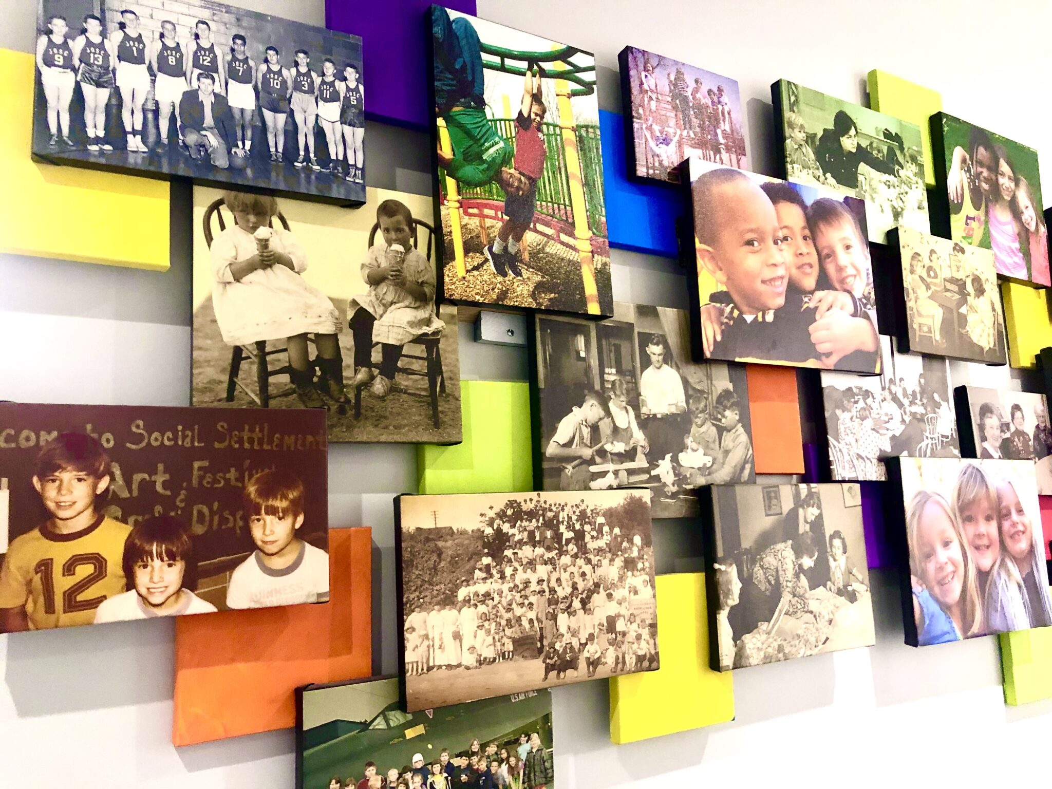 A collage of Kids Can history, which harkens back  to its 1908 founding in South Omaha as a part of the national Social Settlement movement to help immigrants. Based on a Nebraska Survey, most favor state investment in child care and early learning. (Cindy Gonzalez / Nebraska Examiner)