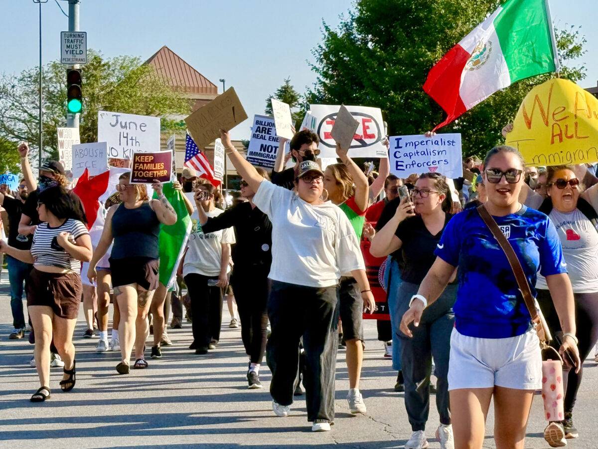 About 400 people turned out to demonstrate against ICE enforcement in Omaha at a rally at 33rd and L Streets.<br /> (Cindy Gonzalez / Nebraska Examiner)