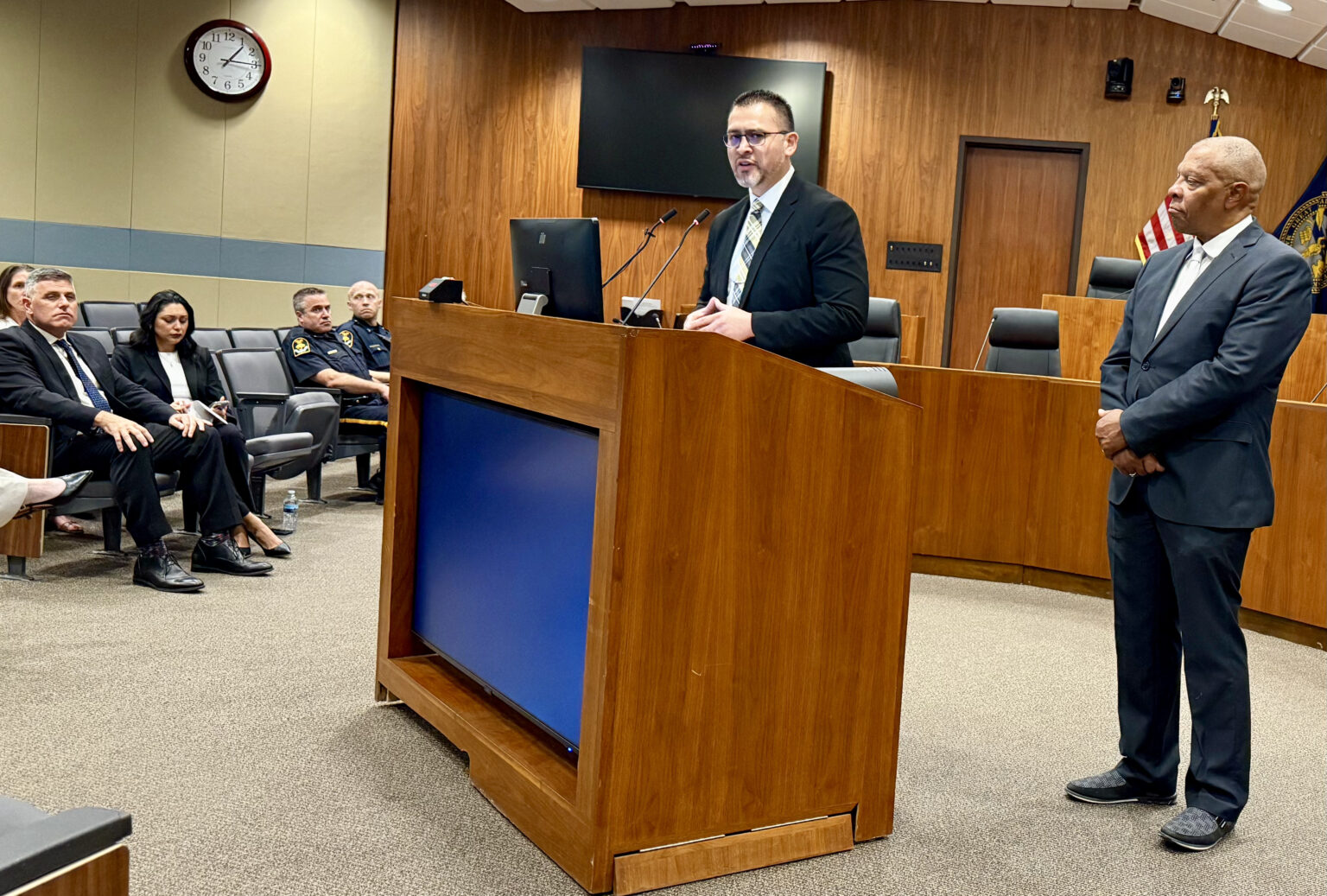 Roger Garcia, Douglas County Board chair, and Omaha Mayor John Ewing Jr. attend a press conference Wednesday calling attention to the city’s reaction to Tuesday’s immigration enforcement in Omaha.<br />(Cindy Gonzalez / Nebraska Examiner)