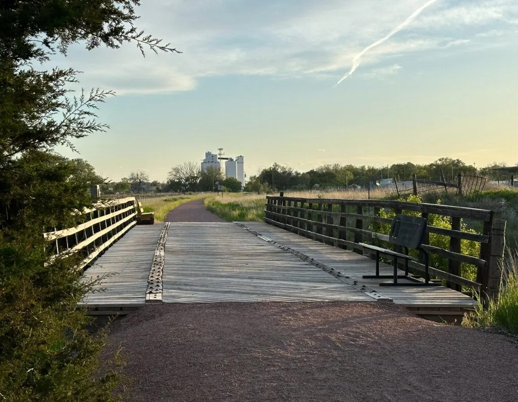 The Cowboy Trail project involves transforming an old rail line into a hiking and biking trail. The finished segments of trail, which add up to more than 200 miles, include bridges like this one west of Gordon.<br />(Heidi Beguin / Flatwater Free Press)
