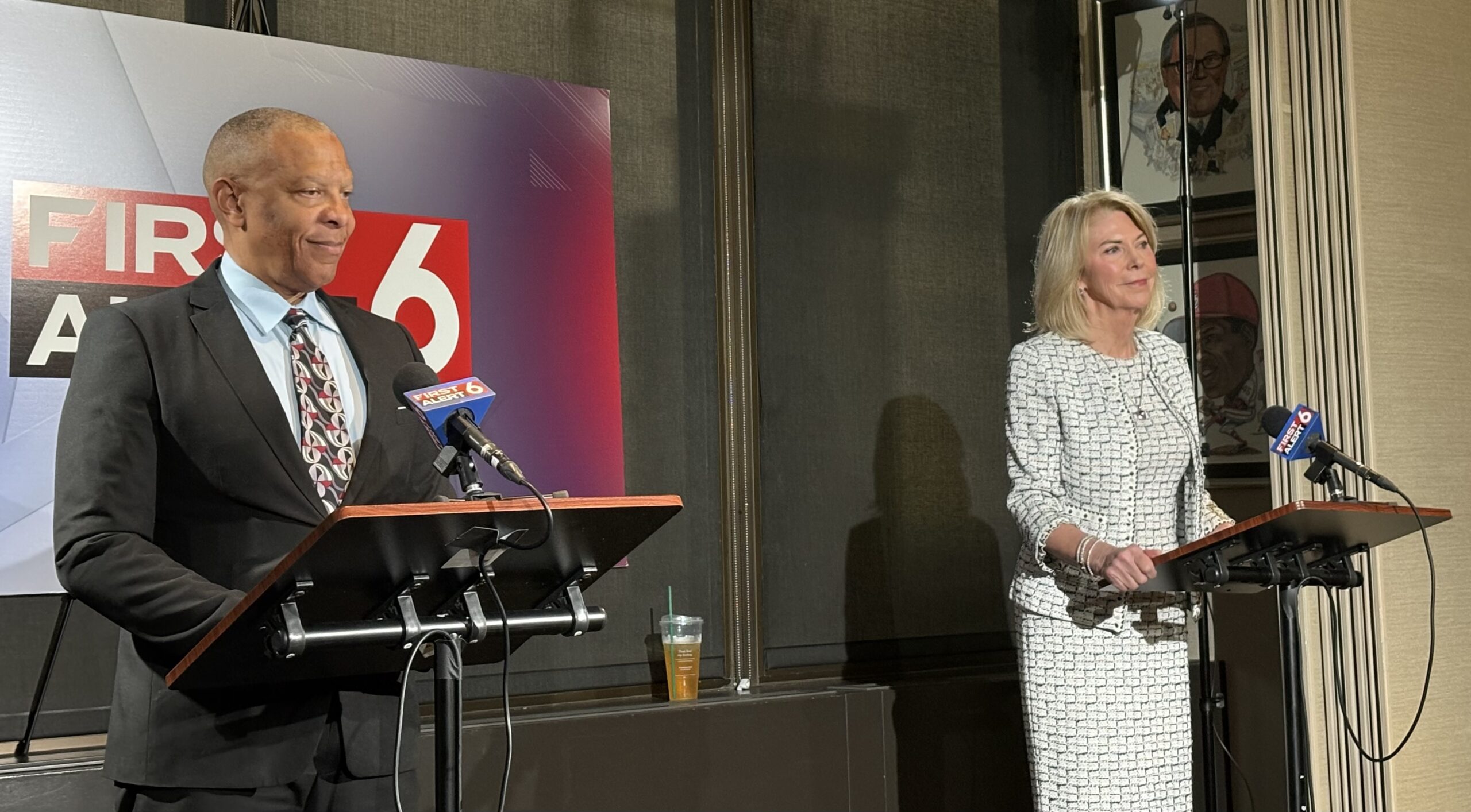 Douglas County Treasurer John Ewing Jr. and Omaha Mayor Jean Stothert prepare for their debate Thursday, April 17, for Omaha mayor at the Omaha Press Club.<br />(Courtesy of Ewing campaign)
