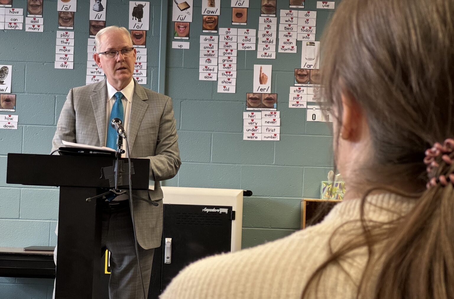 Nebraska Education Commissioner Brian Maher announces the Westside district in Omaha as the third district to participate in a statewide pilot program for apprenticing paras who want to become teachers in March 2024.<br />(Aaron Sanderford / Nebraska Examiner)