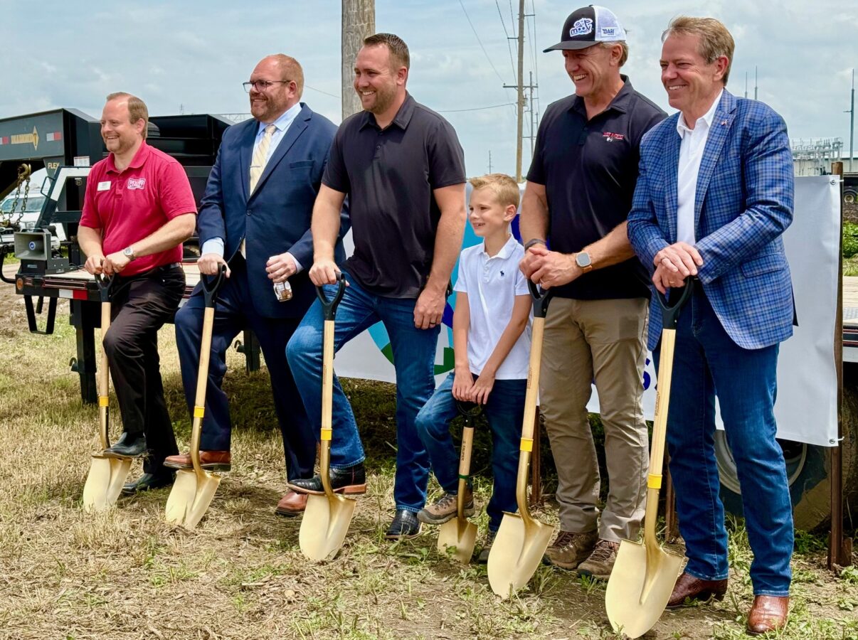 A groundbreaking ceremony for new processing plant, which, according to city records is a $186 million project. Left to right: Jonathan Jank of the Seward County Chamber, Seward Mayor Josh Eickmeier, TJ Tuls and his son, Todd Tuls, founder of Tuls Dairies and co-owner of Dari Processing, and Nebraska Gov. Jim Pillen.<br />(Cindy Gonzalez / Nebraska Examiner)