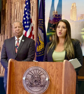 Mayor John Ewing Jr. (left) and Jody Holston, executive director of Front Porch Investments speaks during a news conference Friday at Omaha City Hall to talk about a plan for new affordable housing tied to the streetcar.<br />(Cindy Gonzalez / Nebraska Examiner)