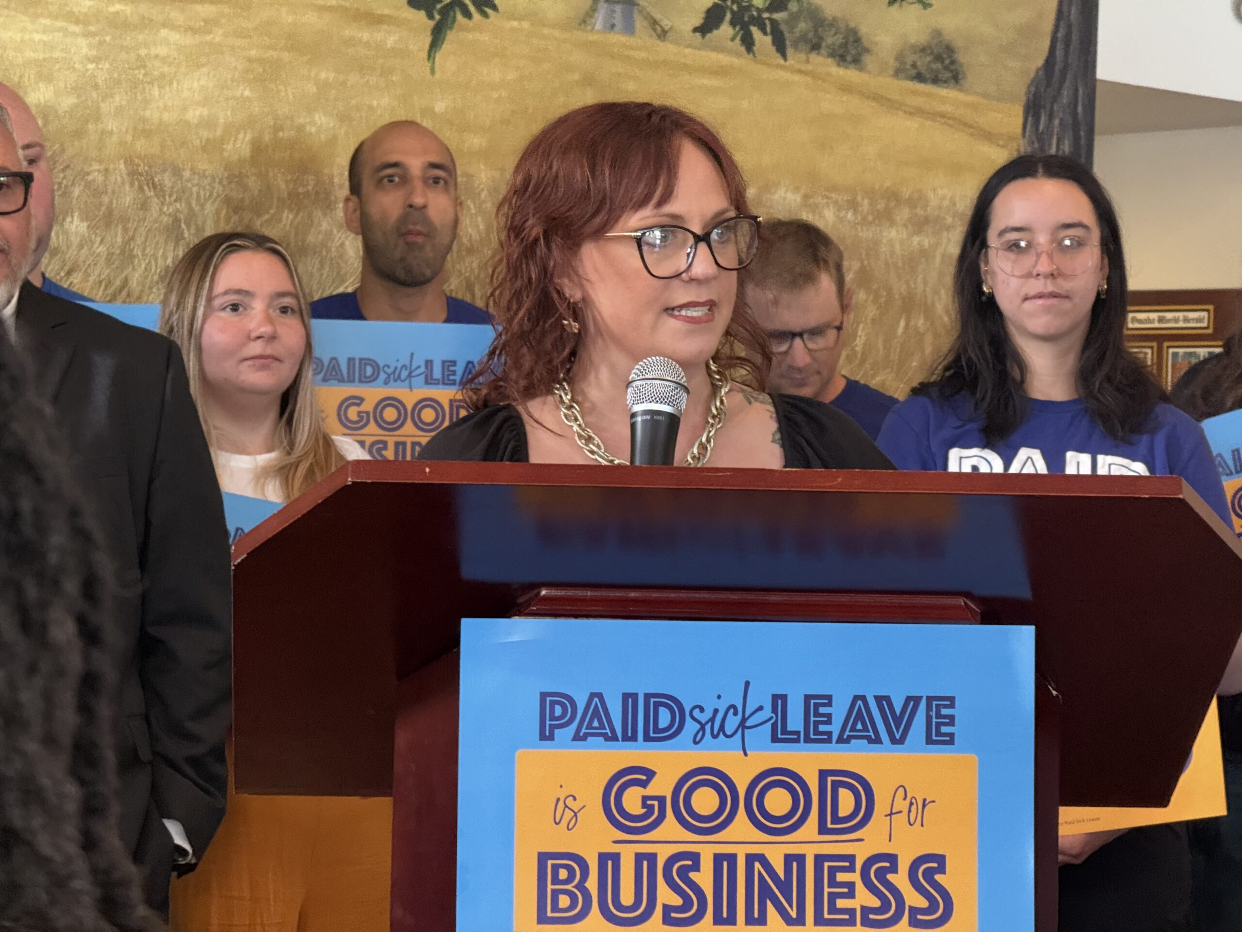 Lindsey Clements, co-owner of Vis Major brewery and restaurant, speaks during a news conference for Paid Sick Leave for Nebraskans.<br />(Aaron Sanderford / Nebraska Examiner)