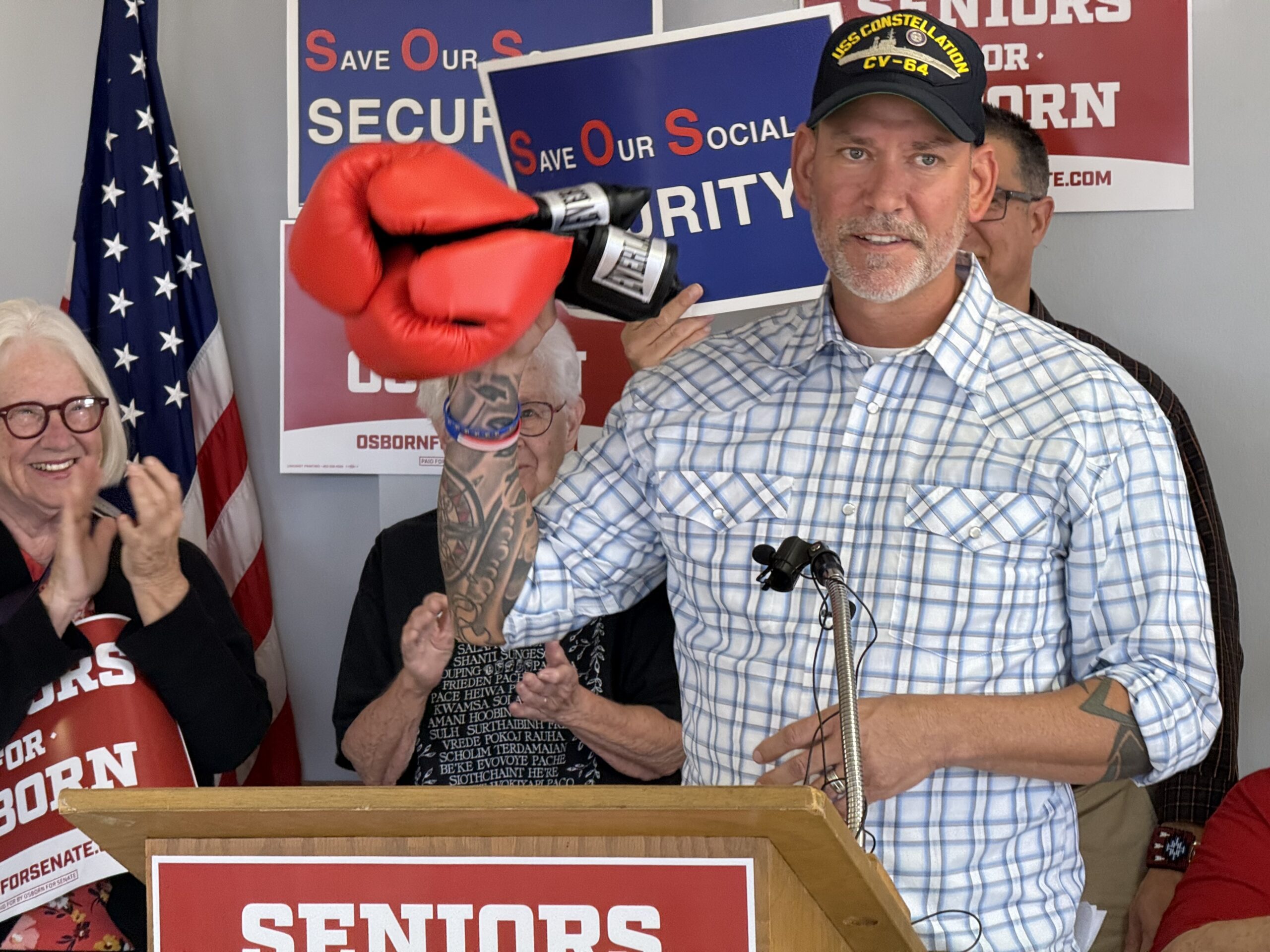 Nebraska nonpartisan U.S. Senate candidate Dan Osborn speaks at a union hall in Omaha.<br />(Aaron Sanderford / Nebraska Examiner)