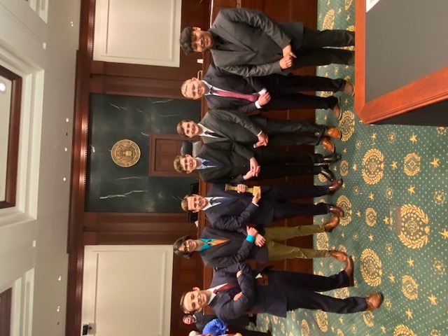 The team from left: Victor Kaminski, Finn Navratil, Alex Buescher, Andrew Rogers, Alex Miller, Ben Cooper, and Diego Gomez. The Creighton Prep team will be preparing for the 2023 National Competition in Little Rock, Arkansas in May. (Courtesy of Mark Laughlin)