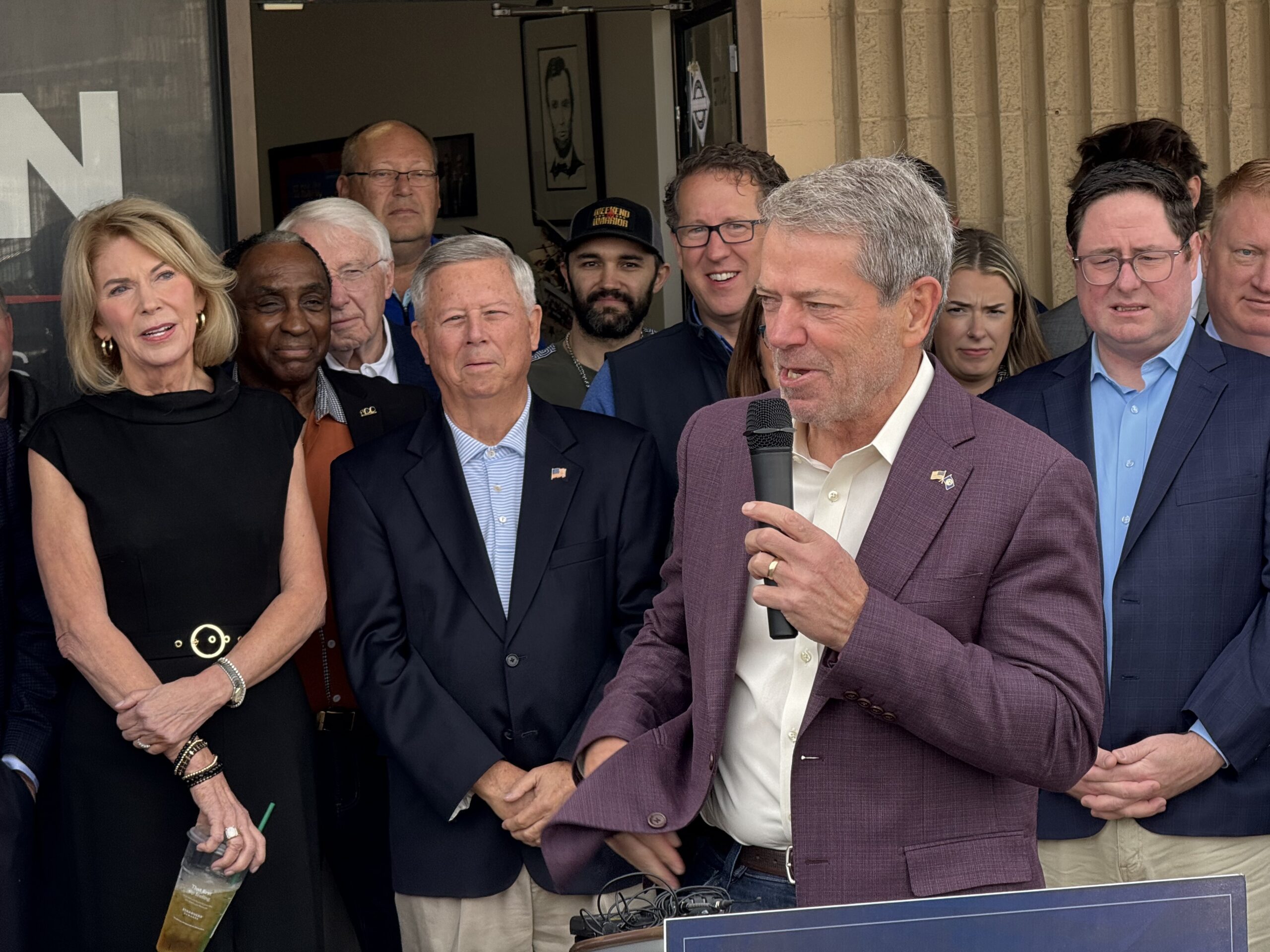 Nebraska Gov. Jim Pillen applauds U.S. Rep. Don Bacon, R-Neb., for his service to Nebraska’s 2nd Congressional District on Wednesday in Omaha.<br />(Aaron Sanderford / Nebraska Examiner)