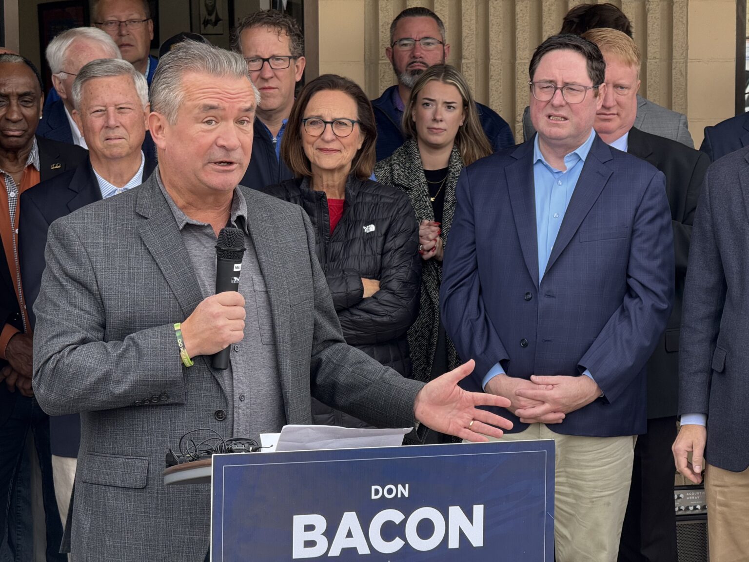 U.S. Rep. Don Bacon, R-Neb., addresses supporters outside of his west Omaha campaign office on Wednesday morning at a press conference claiming victory.<br />(Aaron Sanderford / Nebraska Examiner)