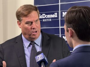 Republican State Sen. Mike McDonnell of Omaha talks about his bid for mayor with local reporters.<br />(Aaron Sanderford / Nebraska Examiner)