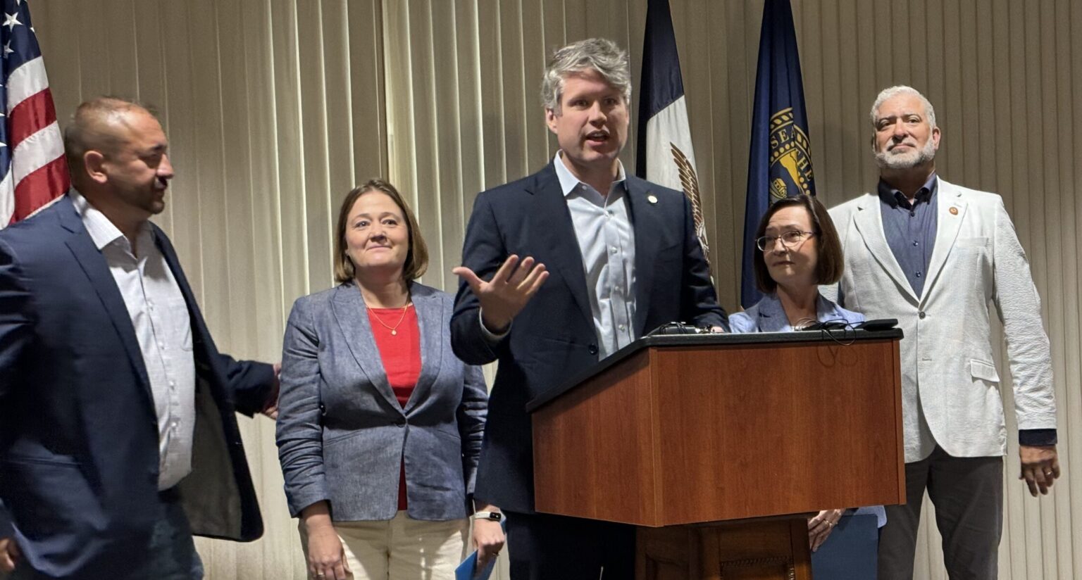 Nebraska Attorney General Mike Hilgers speaks about an 11-state effort to get the EPA to set a national rule on labeling farm chemicals.<br />(Aaron Sanderford / Nebraska Examiner)