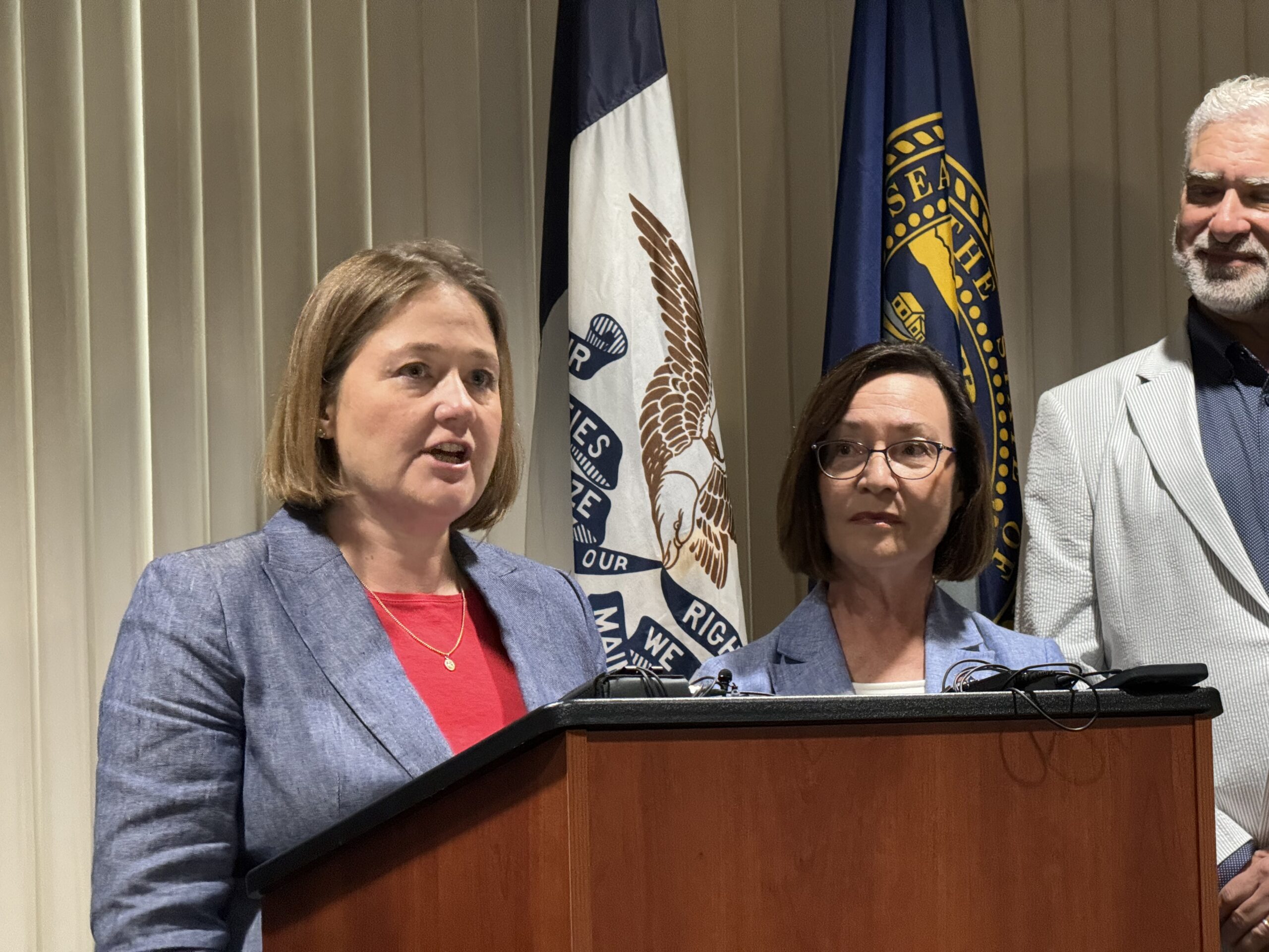 Iowa Attorney General Brenna Bird (left) speaks about how long her family and other farmers have used glyphosate safely.<br />(Aaron Sanderford / Nebraska Examiner)