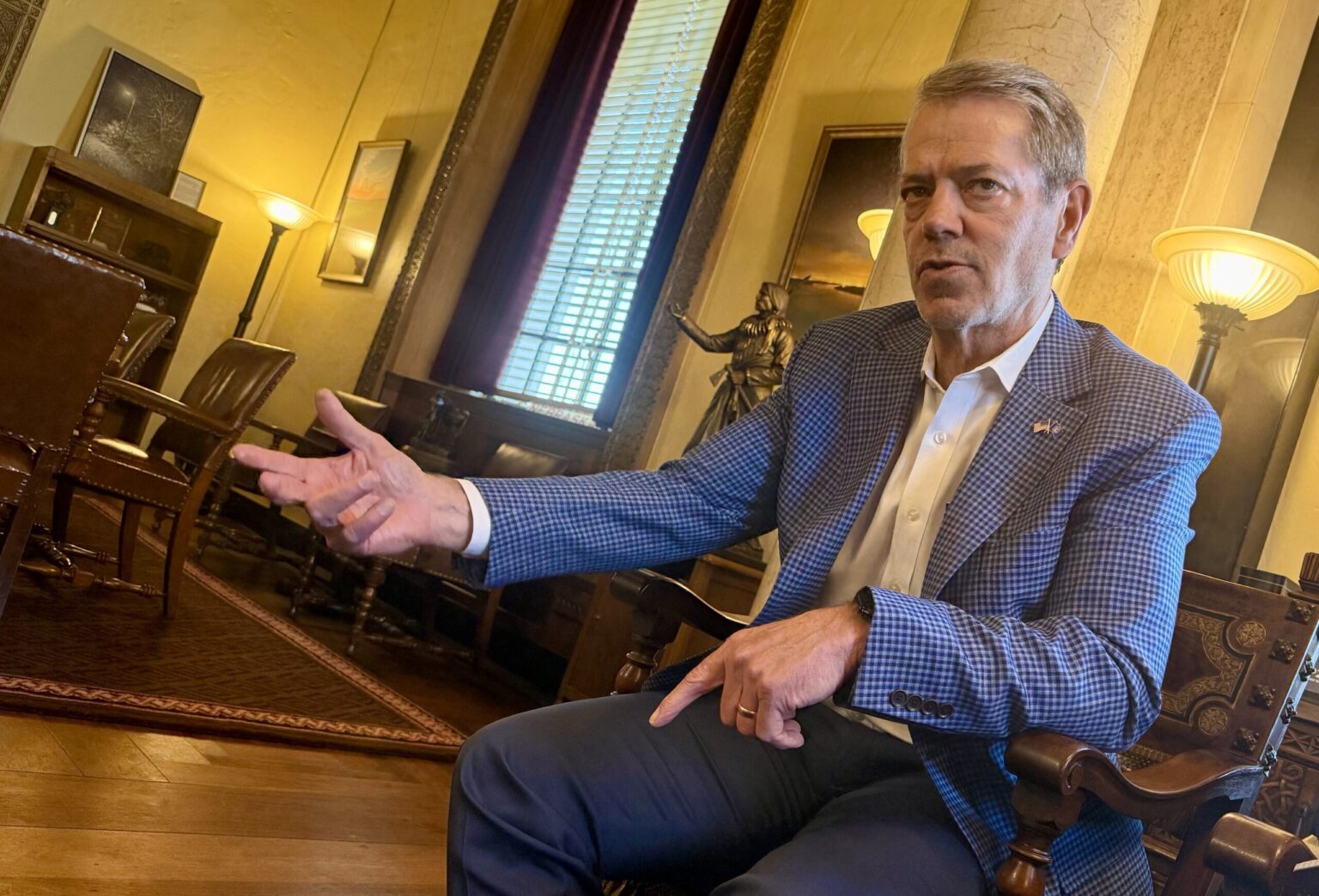 Nebraska Governor Jim Pillen discusses his priorities for the 2025 legislative session on Friday, Dec. 6, 2024.<br /> (Aaron Sanderford / Nebraska Examiner)