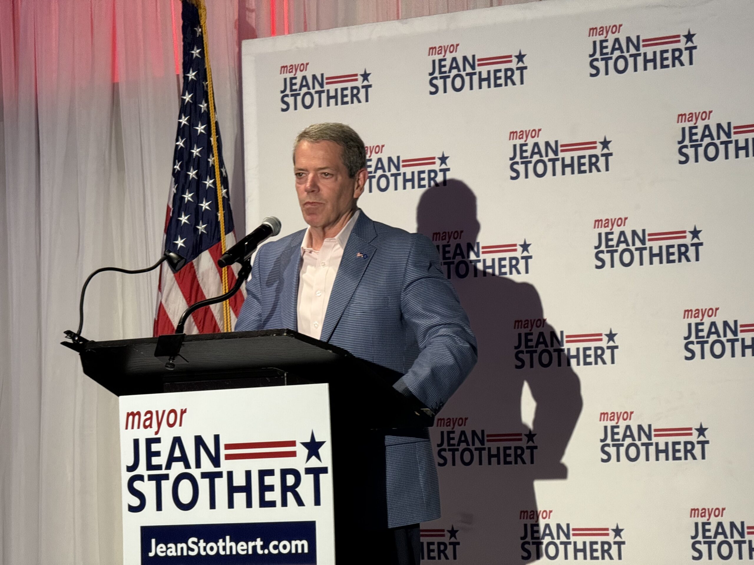 Nebraska Gov. Jim Pillen speaks about how he thinks Omaha is a better and safer city thanks for Mayor Jean Stothert. He introduced her at her election night party on Tuesday, May 13, in west Omaha.<br />(Aaron Sanderford / Nebraska Examiner)