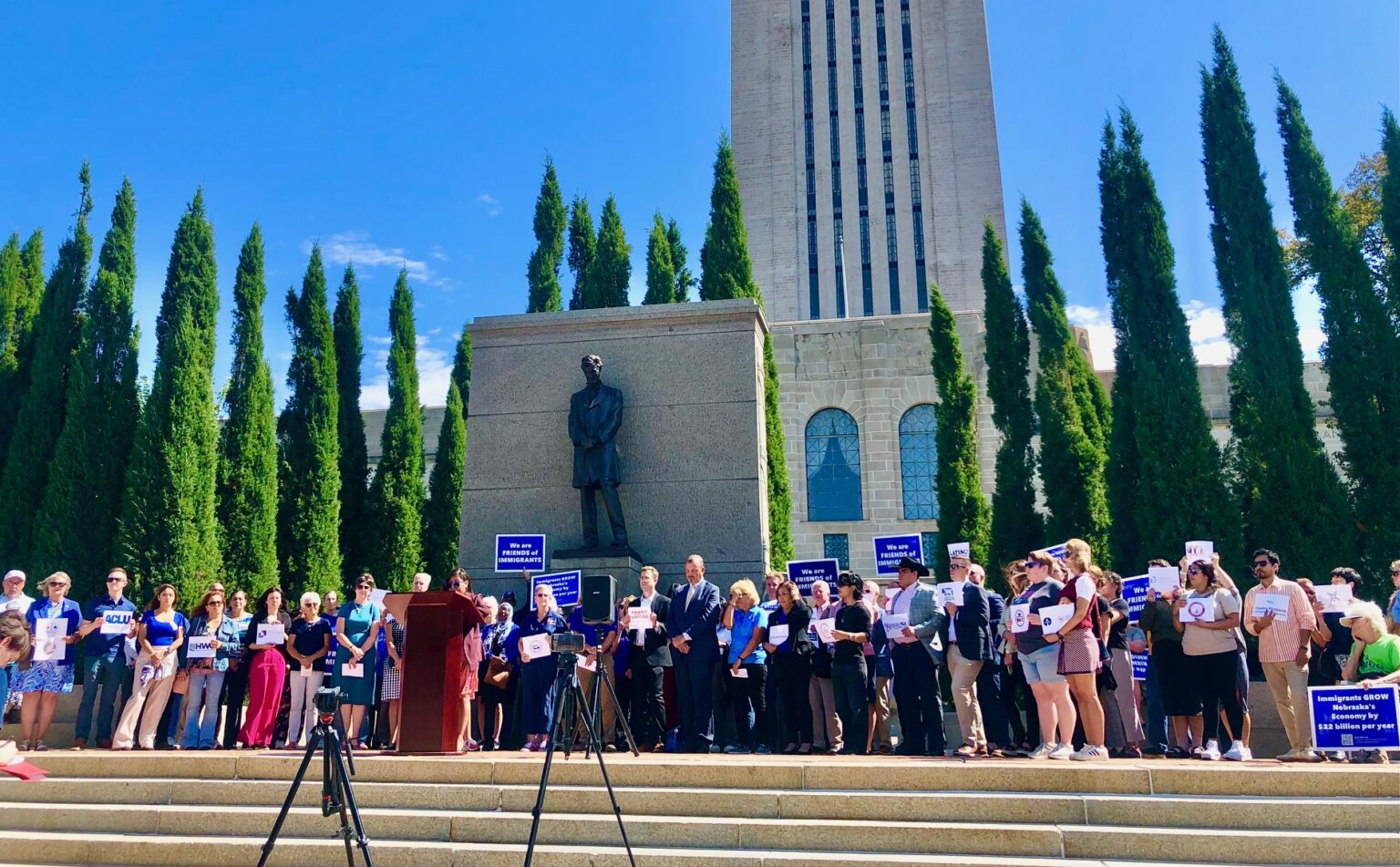 Immigrant advocates gather at State Capitol for Wednesday news conference.<br />(Cindy Gonzalez / Nebraska Examiner)