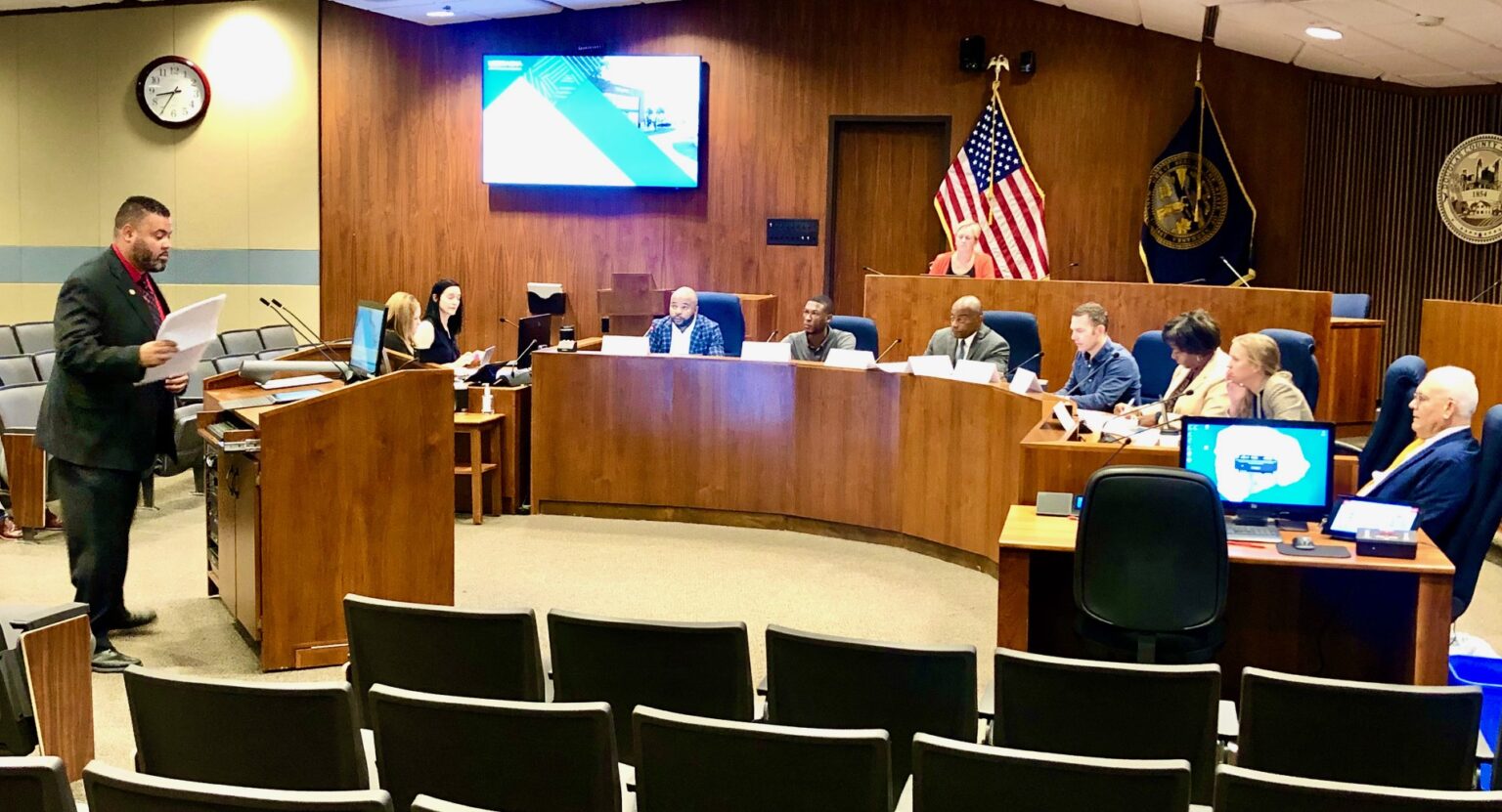 State Sen. Justin Wayne speaks to the Omaha Inland Port Authority board about the plan to spend $90M in public funds to get a site near Eppley Airfield shovel-ready for a business industrial park.<br />(Cindy Gonzalez / Nebraska Examiner)