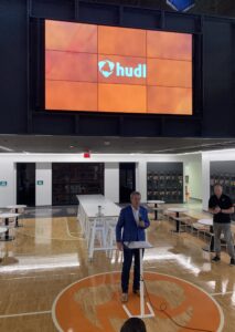 Hudl’s headquarters in Lincoln includes a simulated basketball court, lockers for “Hudlies” as well as bleacher-like seating on which employees can work or meet.<br />(Paul Hammel / Nebraska Examiner)