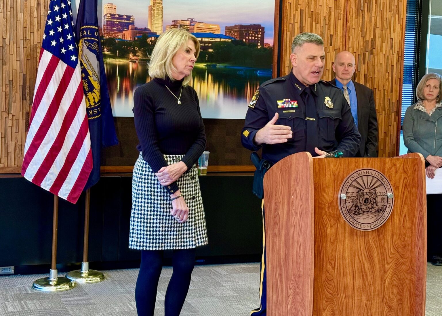 Omaha Police Chief Todd Schmaderer and Omaha Mayor Jean Stothert hold news conference about immigration enforcement.<br />(Cindy Gonzalez / Nebraska Examiner)