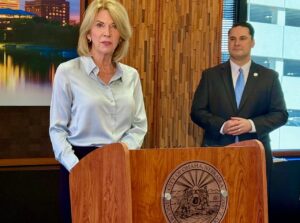 Mayor Jean Stothert and Greater Omaha Chamber of Commerce President Heath Mello speak at a news conference Wednesday.<br />(Cindy Gonzalez / Nebraska Examiner)
