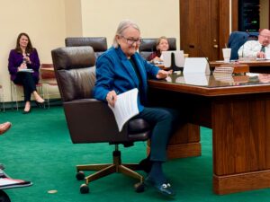 Susan Gumm testifies in support of a measure by State Sen. Kathleen Kauth to mandate the use of E-Verify for businesses with more than 25 employees.<br />(Cindy Gonzalez / Nebraska Examiner)