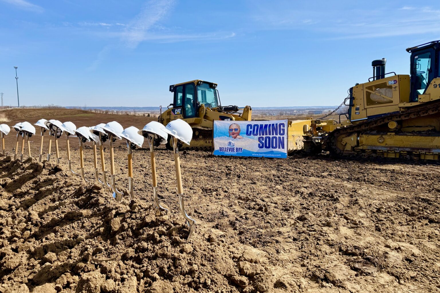 Dirt is moving at the site of future Bellevue Bay Indoor Water Park at Highways 75 and 34. The groundbreaking event Thursday marks the first new major tourism construction project at a Nebraska good life district, officials say.<br />(Cindy Gonzalez / Nebraska Examiner)