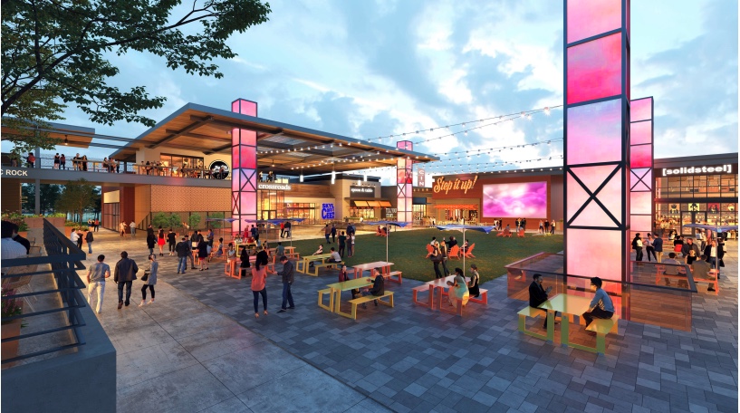 The latest version of the Crossroads redevelopment includes a public plaza surrounded by retailers and office space, shown here in a rendering.<br />(Courtesy of Holland Basham Architects)