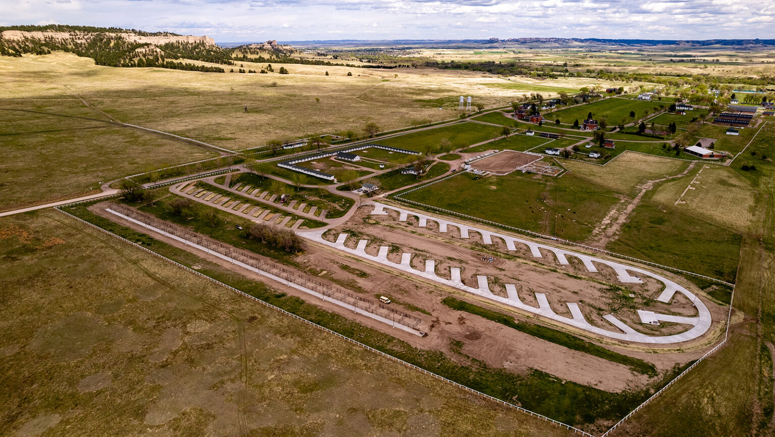 The new campsites and outdoor horse pens at Fort Robinson State Park’s Mare Barn Campground are in the forefront of this photo, with the new camp pads standing out in white. They are scheduled to open May 24.<br />(Courtesy of Justin Haag, Nebraskaland/Nebraska Game and Parks Commission)