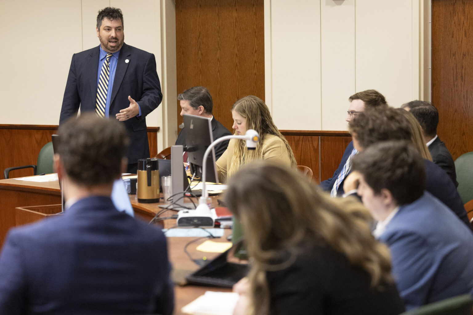 Deputy Solicitor General Zach Viglianco (left) gives an opening statement on the first day of the civil trial to determine the validity of the medical marijuana ballot measures at the Lancaster County Courthouse on Tuesday, Oct. 29, 2024, in Lincoln.<br />(Kenneth Ferriera-Pool / Lincoln Journal Star)
