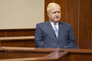 Deputy Secretary of State Wayne Bena testifies on the first day of the civil trial to determine the validity of the medical marijuana ballot measures at the Lancaster County Courthouse on Tuesday, Oct. 29, 2024, in Lincoln.<br /> (Kenneth Ferriera-Pool / Lincoln Journal Star)